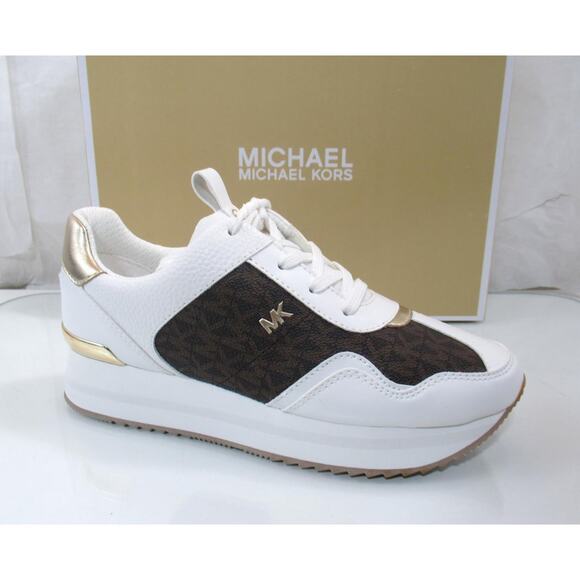 Michael Kors Raina Trainer Lace Up Sneakers MK Signature Brown White Size 7.5 - Picture 1 of 9
